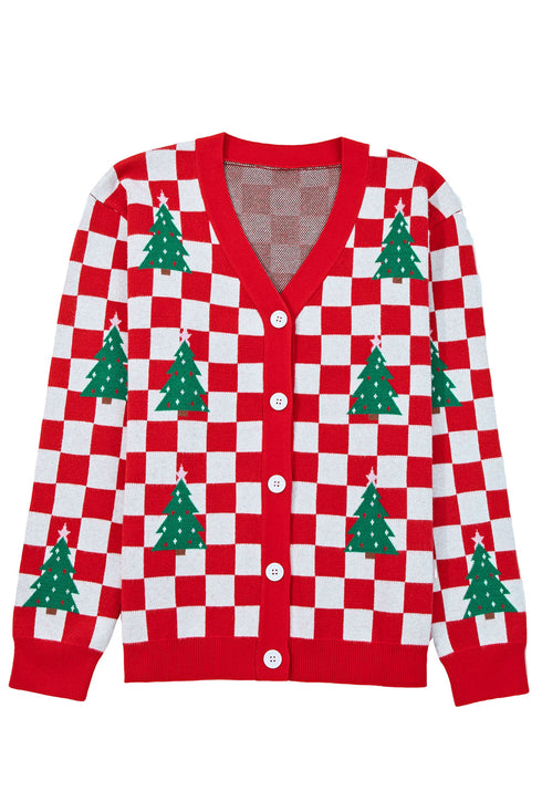 Checkerboard And Tree Motif Button Front Cardigan