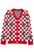 Checkerboard And Tree Motif Button Front Cardigan