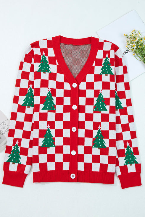 Checkerboard And Tree Motif Button Front Cardigan