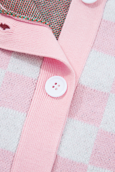 Checkerboard And Tree Motif Button Front Cardigan