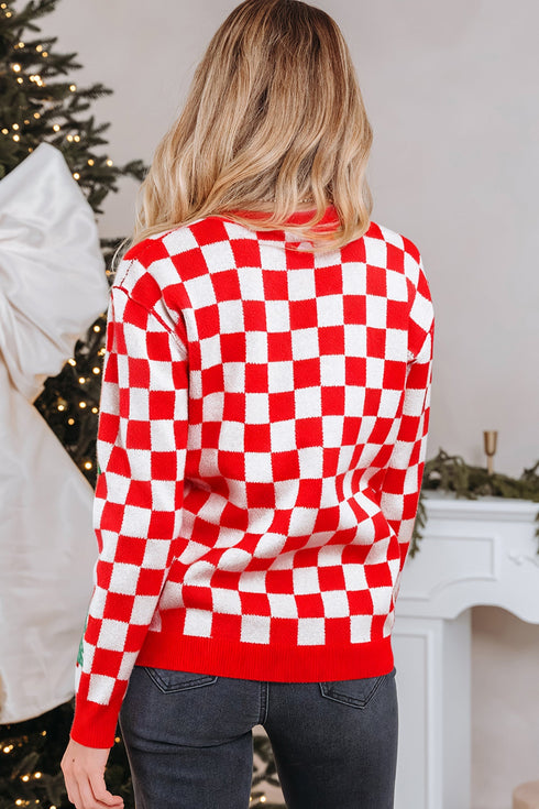 Checkerboard And Tree Motif Button Front Cardigan