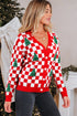 Checkerboard And Tree Motif Button Front Cardigan