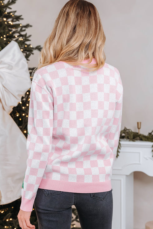 Checkerboard And Tree Motif Button Front Cardigan