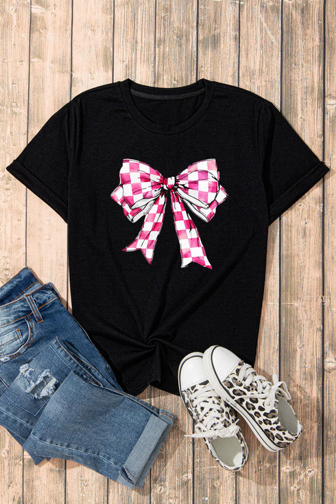 Checkerboard Bowknot Graphic Crewneck T-Shirt