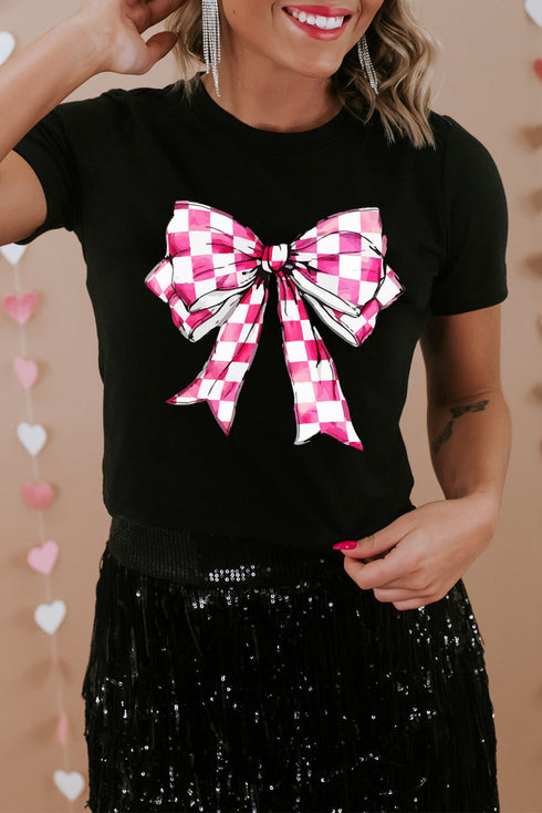 Checkerboard Bowknot Graphic Crewneck T-Shirt