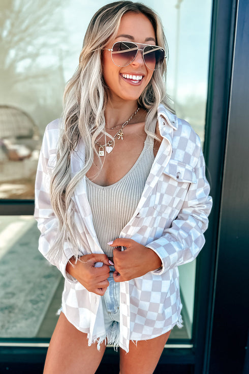 Checkerboard Collared Flap Pocket Button Front Stretch Shacket