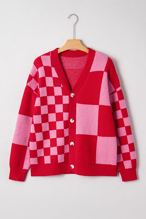 Checkerboard Color Block Mixed Plaid Button Front Cardigan