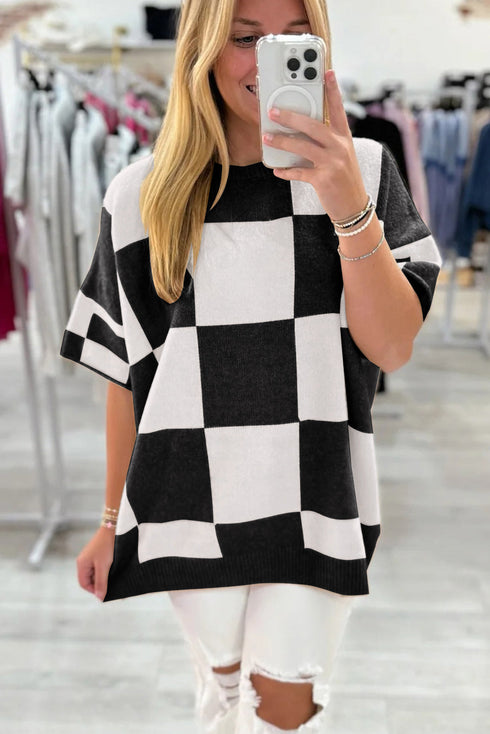 Checkerboard Drop Shoulder Boxy Knit Short Sleeve Sweater