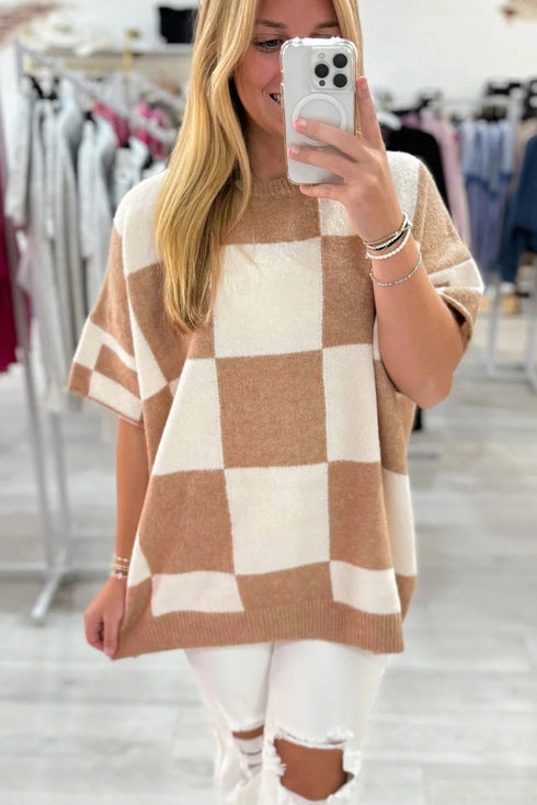 Checkerboard Drop Shoulder Boxy Knit Short Sleeve Sweater