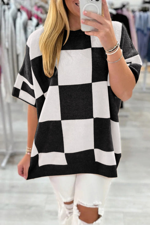 Checkerboard Drop Shoulder Boxy Knit Short Sleeve Sweater