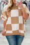 Checkerboard Jacquard Drop Shoulder Short Sleeve Sweater