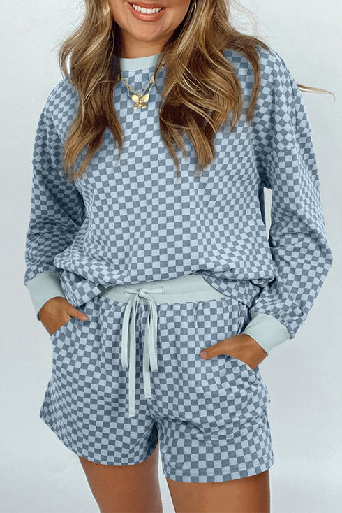 Checkerboard Long Sleeve Pullover Elastic Waist Short Set