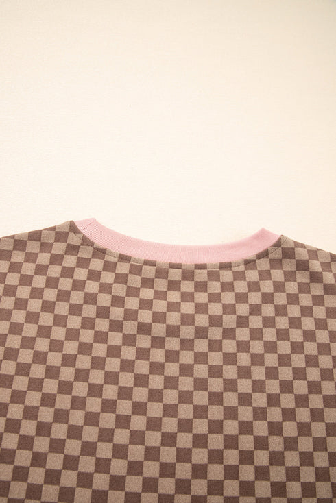 Checkerboard Long Sleeve Pullover Elastic Waist Short Set