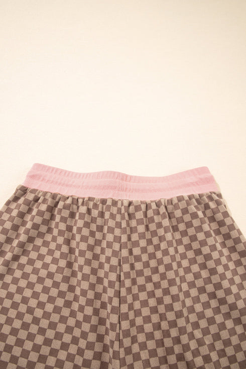 Checkerboard Long Sleeve Pullover Elastic Waist Short Set