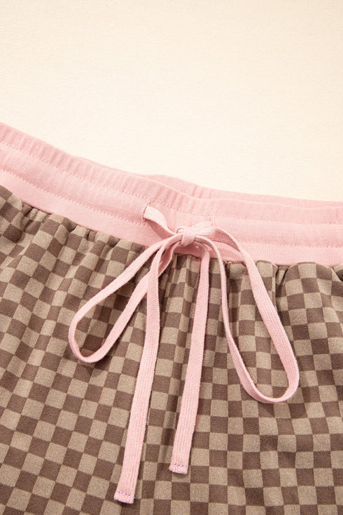 Checkerboard Long Sleeve Pullover Elastic Waist Short Set
