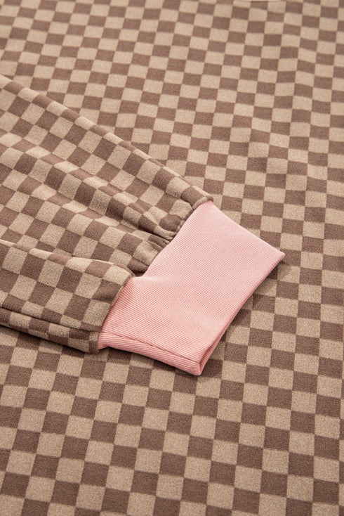 Checkerboard Long Sleeve Pullover Elastic Waist Short Set