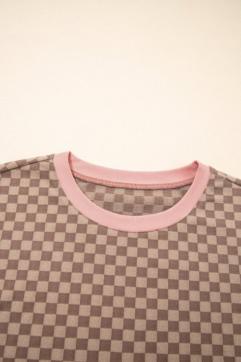 Checkerboard Long Sleeve Pullover Elastic Waist Short Set