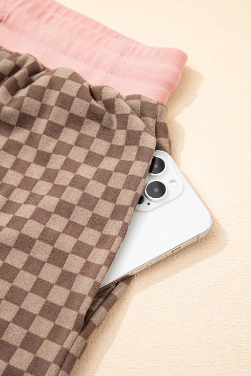 Checkerboard Long Sleeve Pullover Elastic Waist Short Set