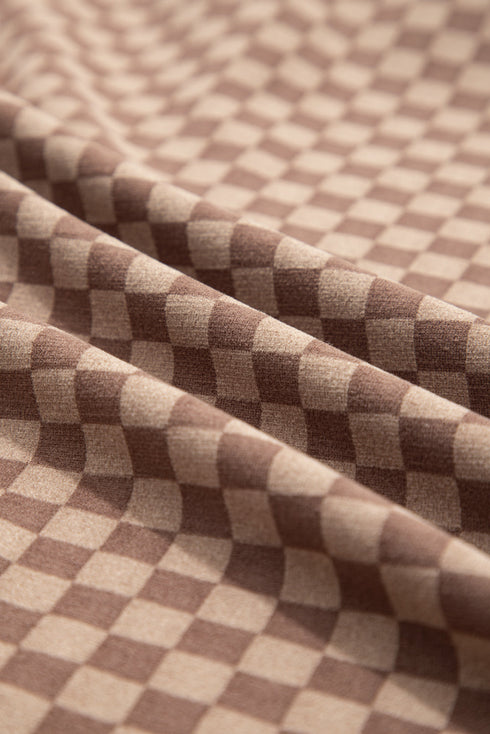 Checkerboard Long Sleeve Pullover Elastic Waist Short Set