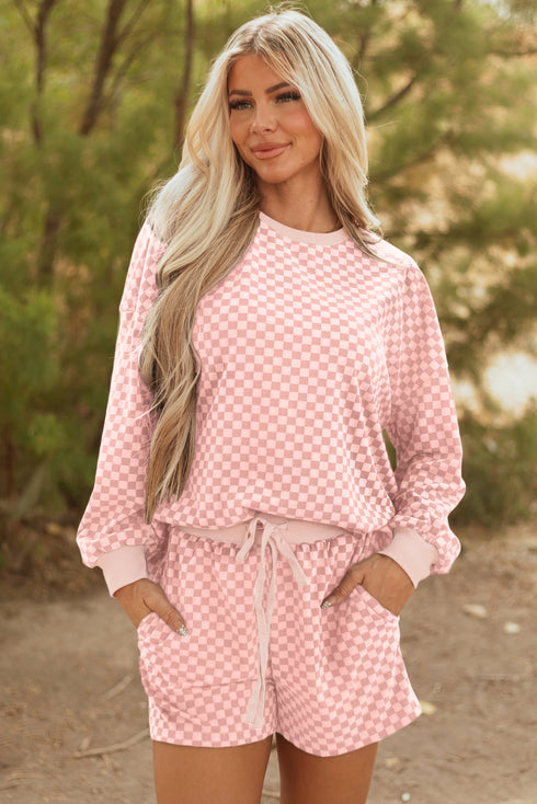 Checkerboard Long Sleeve Pullover Elastic Waist Short Set