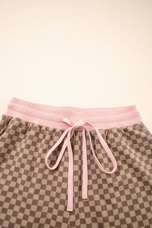 Checkerboard Long Sleeve Pullover Elastic Waist Short Set