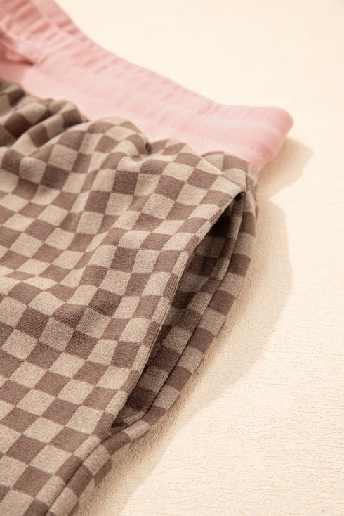 Checkerboard Long Sleeve Pullover Elastic Waist Short Set