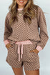 Checkerboard Long Sleeve Pullover Elastic Waist Short Set