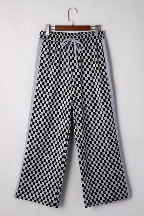 Checkerboard Patchwork Drawstring Waist Wide Leg Pants