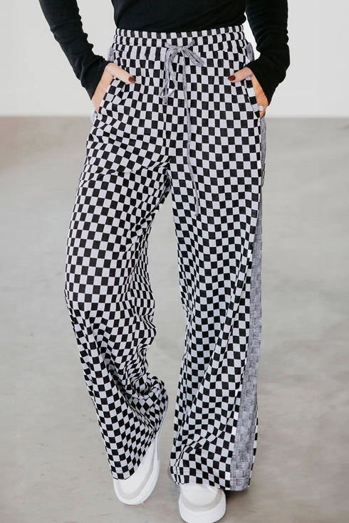 Checkerboard Patchwork Drawstring Waist Wide Leg Pants