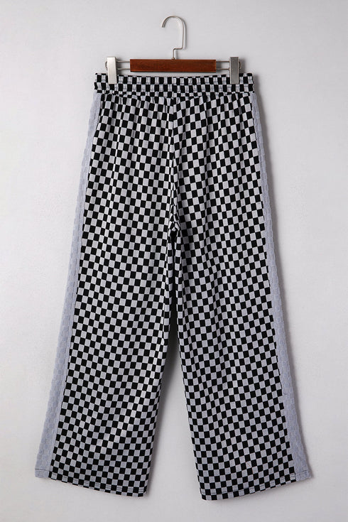 Checkerboard Patchwork Drawstring Waist Wide Leg Pants