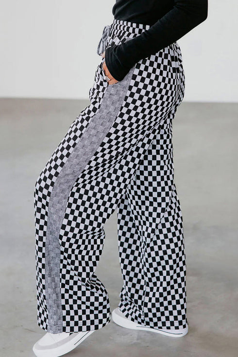 Checkerboard Patchwork Drawstring Waist Wide Leg Pants