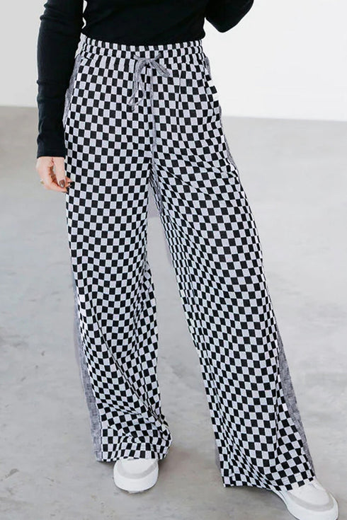Checkerboard Patchwork Drawstring Waist Wide Leg Pants