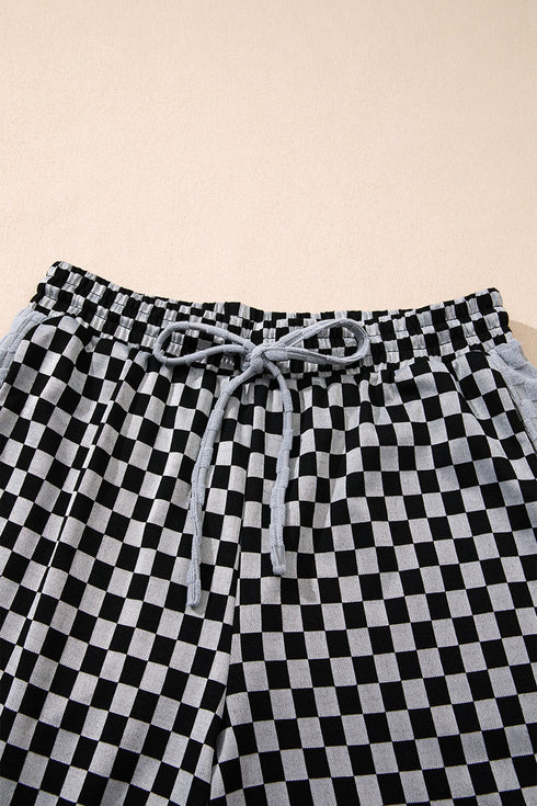 Checkerboard Patchwork Drawstring Waist Wide Leg Pants
