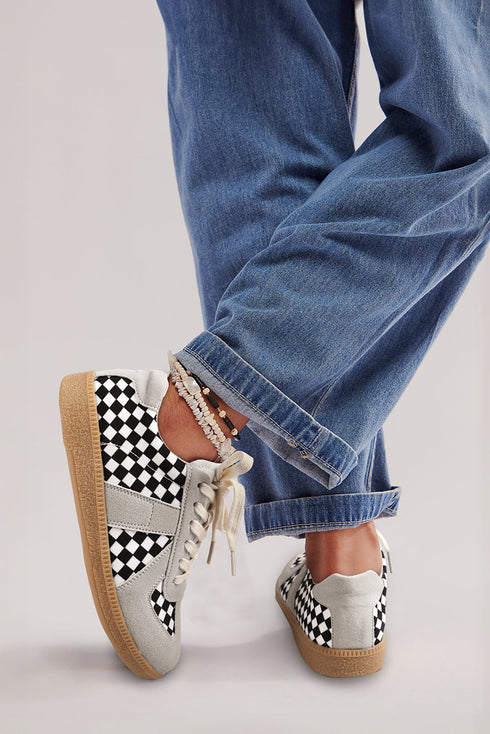 Checkerboard Patchwork Lace Up Leatherette Flat Shoes