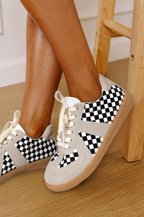 Checkerboard Patchwork Lace Up Leatherette Flat Shoes