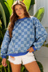 Checkerboard Patchwork Raw Detail Oversized Denim Pullover Sweatshirt