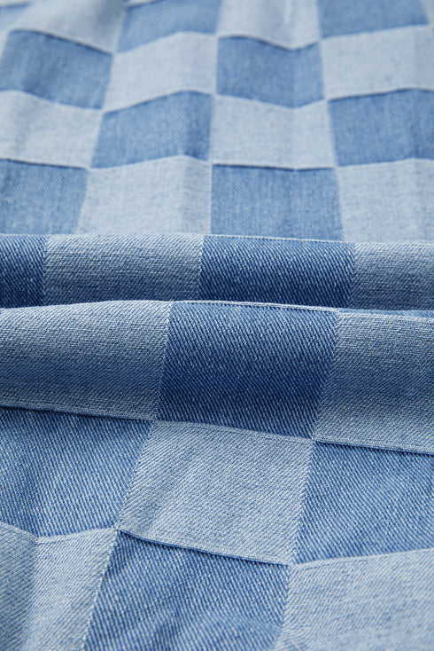 Checkerboard Patchwork Raw Detail Oversized Denim Pullover Sweatshirt