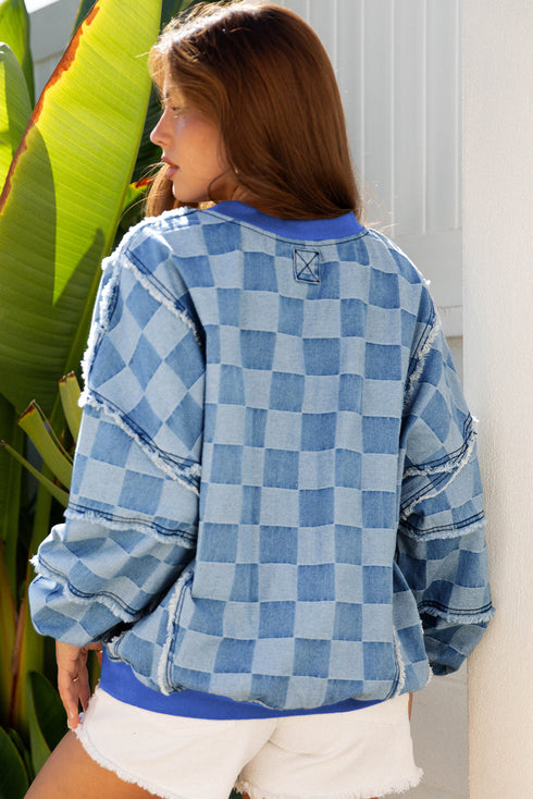 Checkerboard Patchwork Raw Detail Oversized Denim Pullover Sweatshirt