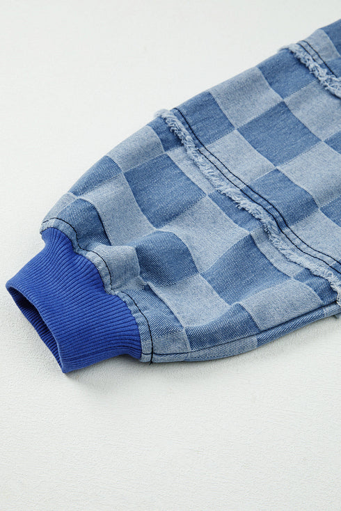 Checkerboard Patchwork Raw Detail Oversized Denim Pullover Sweatshirt