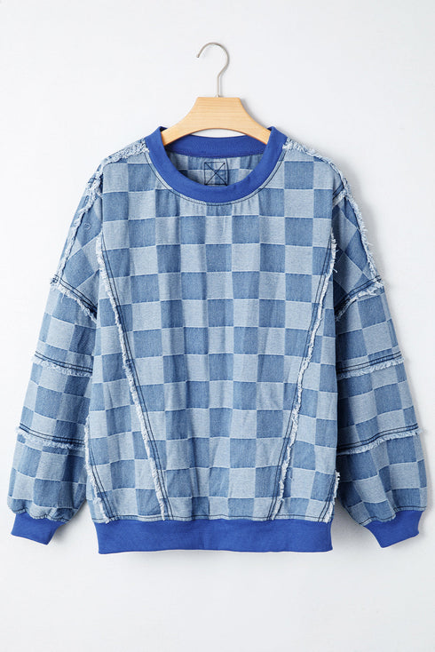 Checkerboard Patchwork Raw Detail Oversized Denim Pullover Sweatshirt