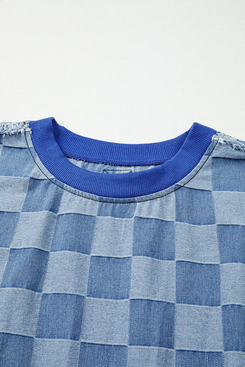 Checkerboard Patchwork Raw Detail Oversized Denim Pullover Sweatshirt