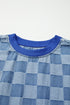 Checkerboard Patchwork Raw Detail Oversized Denim Pullover Sweatshirt