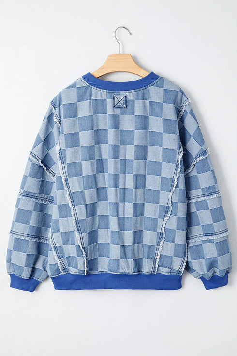 Checkerboard Patchwork Raw Detail Oversized Denim Pullover Sweatshirt