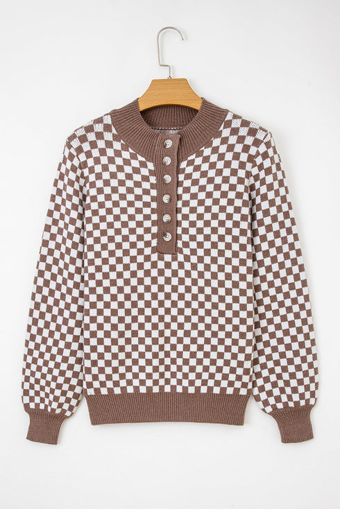 Checkerboard Pattern Collared Henley Button Pullover Sweater