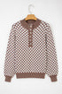 Checkerboard Pattern Collared Henley Button Pullover Sweater