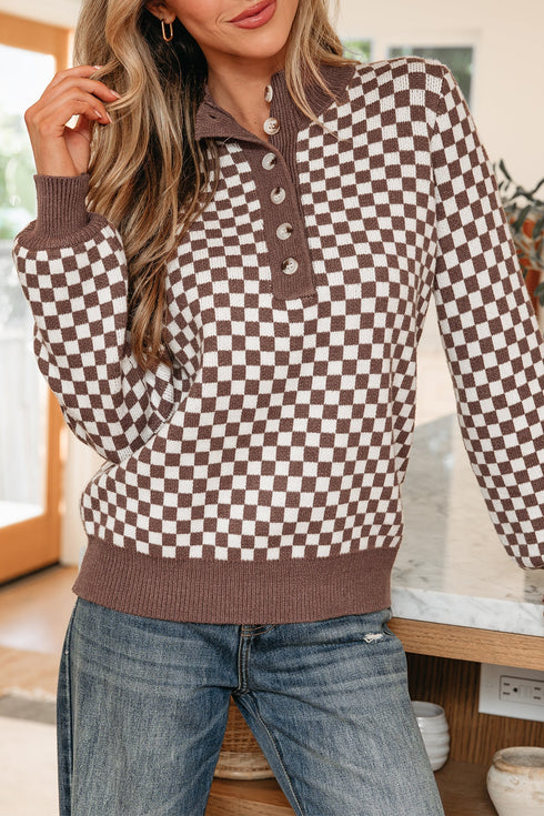 Checkerboard Pattern Collared Henley Button Pullover Sweater