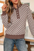 Checkerboard Pattern Collared Henley Button Pullover Sweater