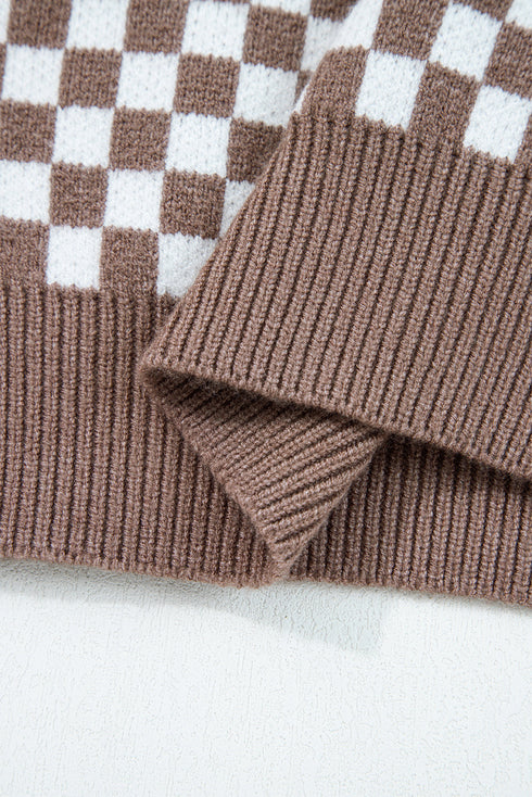 Checkerboard Pattern Collared Henley Button Pullover Sweater