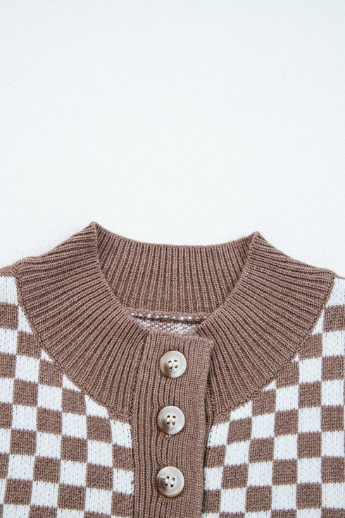 Checkerboard Pattern Collared Henley Button Pullover Sweater