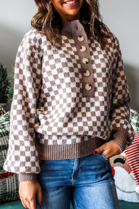 Checkerboard Pattern Collared Henley Button Pullover Sweater